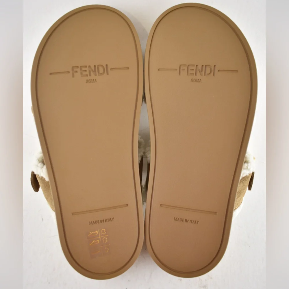 Fendi Feel Slide Shearling Fur Lined Bronze Monogram Logo Mule Flat Sandal 36.5 - Picture 16 of 16